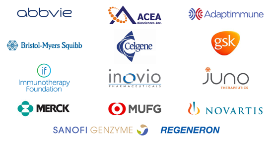 CIM Sponsors Logos - Abbie, ACEA Biosciences, Adaptimmune, Bristol-Myers Squibb, Celgene, GlaxoSmithKline, Immunotherapy Foundation, Inovio Pharmaceuticals, Juno Therapeutics, Merck, MUFG, Novartis, Sanofi Genzyme, Regeneron