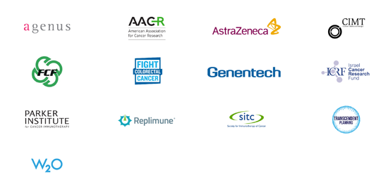 CIM Sponsors Logos - Agenus, American Association for Cancer Research (AACR), AstraZeneca, Association for Cancer Immunotherapy (CIMT), Fibrolamellar Cancer Foundation, Fight Colorectal Cancer, Genentech, Israel Cancer Fund, Parker Institute for Cancer Immunotherapy, Replimmune, Society for Immunotherapy of Cancer (SITC), Transcedent Planning, Twist Mkting/W2O Group